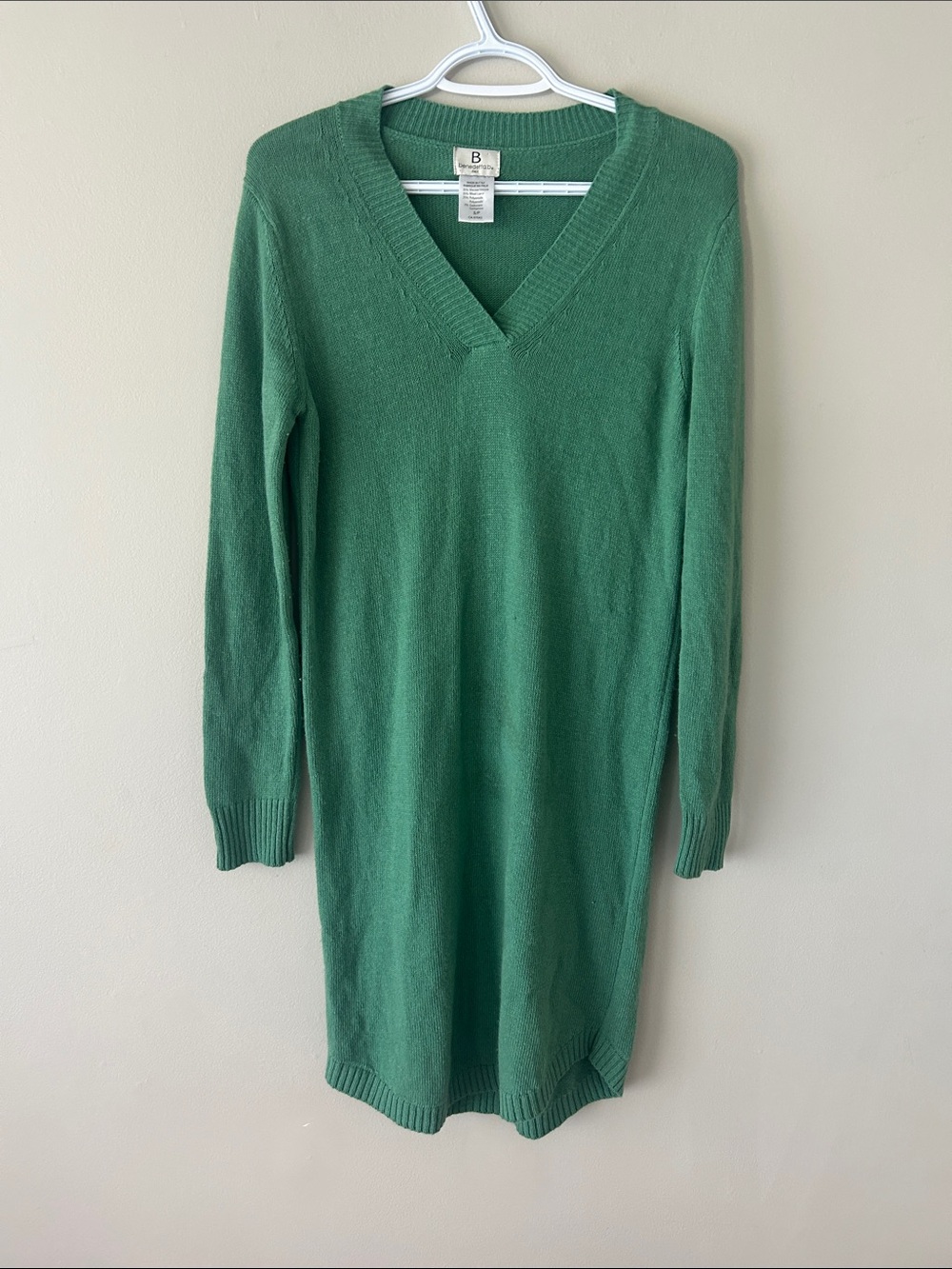 Wool Cashmere Blend Green V-Neck Long Sleeve Knit Dress